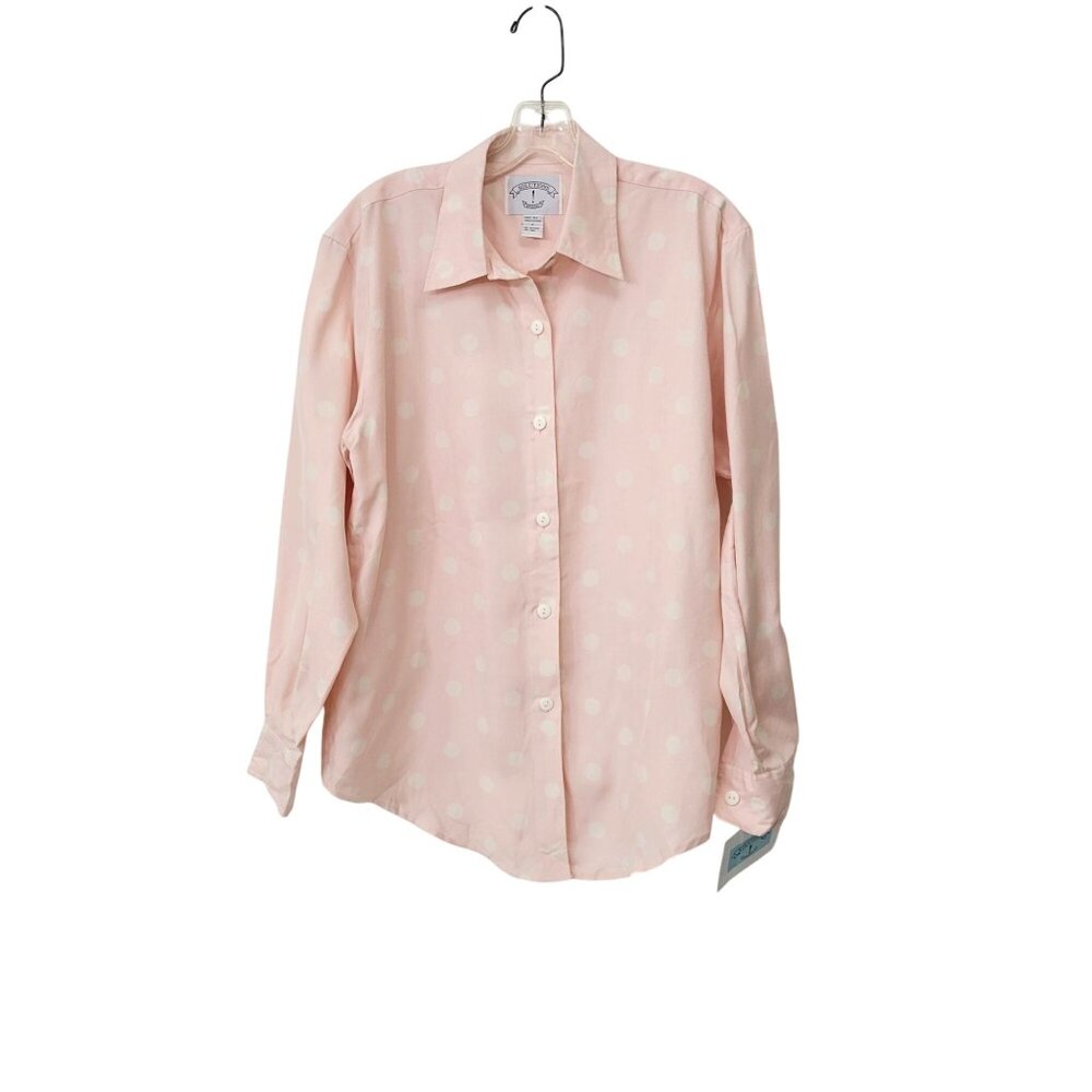 Solutions Women's Silk Pink & White Polka Dot Long Sleeve Button-Up Shirt Size M